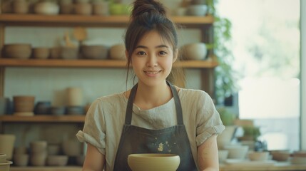 Young east asian woman pottery artist in studio, focused on creative craftsmanship