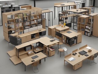 Naklejka premium A modern, light-colored wooden modular office workspace with gray accents, drawers, and shelves. Several tables and cabinets