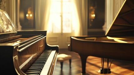 A beautifully crafted classic piano in a well-lit room, vivid tones capturing the elegance and intricate details of the keys and polished wood.
