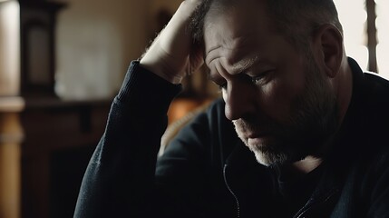 Middle-aged man sitting alone in a quiet room, holding his head with one hand, looking stressed and concerned. Emotional state of solitude and introspection.