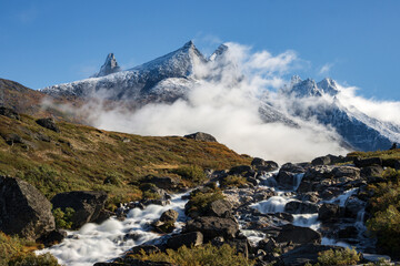 View of Ulamertorsuaq mountain and the view of surrounding mountains and glaciers in Tasermiut fjord (South Greenland)