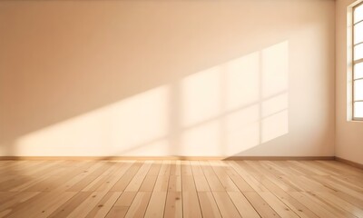 Empty room with wooden floor and warm lighting from windows