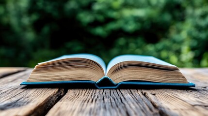 Open Book on Wooden Table with Green Background