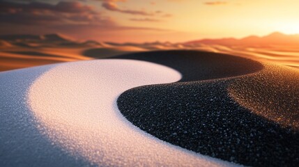 Fototapeta premium Yin-Yang Symbol Created with Two Different Sands, White and Dark, Blending Seamlessly on a Desert Landscape at Sunset
