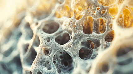 Ultra-detailed macro shot of bio-printed bone tissue, sharp focus on intricate cellular scaffolds, advanced medical lab 