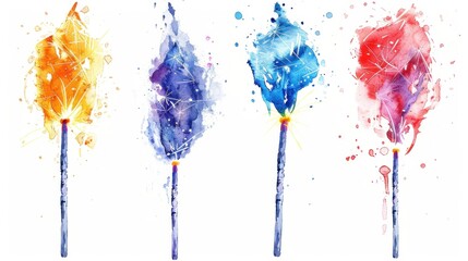Fototapeta premium Festive colorful watercolor clipart of christmas sparklers holiday celebration artistic illustrations bright atmosphere vibrant view joyful spirit