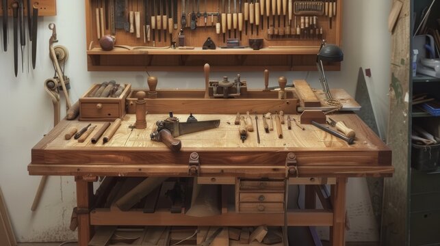 A detailed woodworking bench with handcrafted creations, Woodworking tools arranged for artisanal craftsmanship, Craftsmanship showcase style