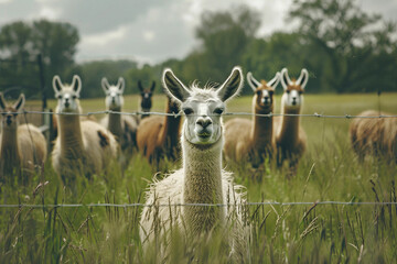 Obraz premium Generated AI portrait of brown or beige alpaca on a green field grass