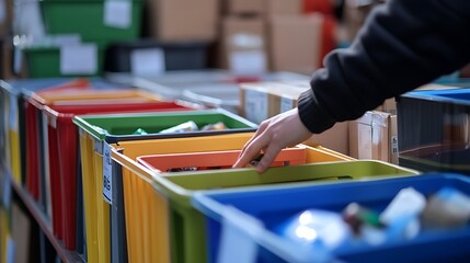 A person sorting items into colorful bins in a storage area.