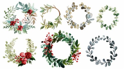 Christmas watercolor clipart wreaths holiday decorations nature-inspired art festive environment artistic viewpoint traditional concept