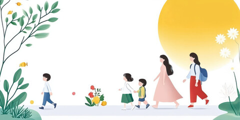 family walks together in sunny park, surrounded by flowers and greenery. scene captures joy and togetherness, showcasing children and adults enjoying nature