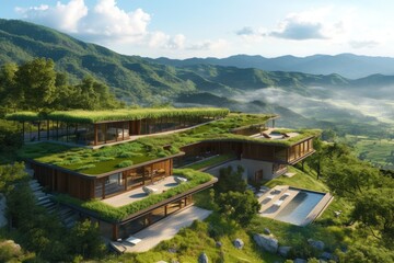 A modern, luxurious home with green roof sits atop a mountain overlooking a valley.