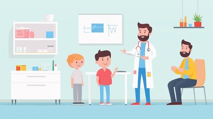 Pediatrician engages with children in modern medical office setting warm interaction between doctor, young patients, and parent highlighting family health care