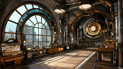 Steampunk interior design, fantasy retro hall, in a victorian house with big windows, fictional interior created with generative ai. Steampunk. Illustration