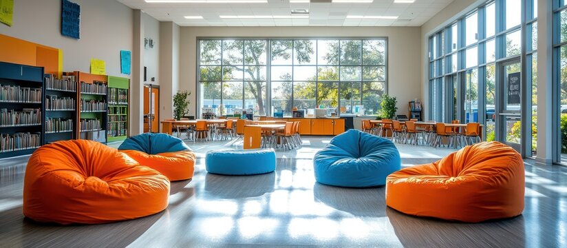 Modern library with colorful bean bags and large windows.
