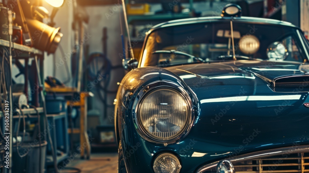 Poster a dynamic automotive workshop with mechanic's tools and car parts, mechanics repairing and tuning cl