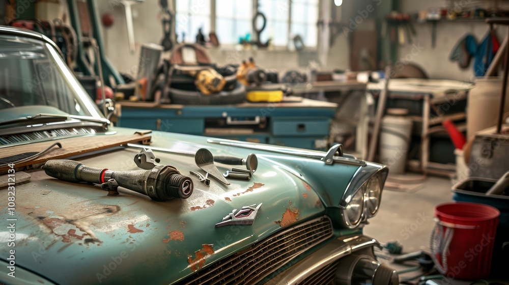 Poster a dynamic automotive workshop with mechanic's tools and car parts, mechanics repairing and tuning cl
