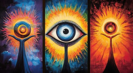 Naklejka premium Trippy Eyeball Psychedelia: Vibrant, Surreal Art in 3 Panels with Symmetrical, Centered Eyes & Otherworldly Imagery