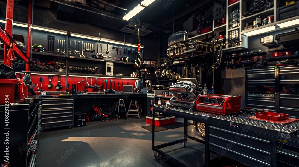 Poster a dynamic automotive workshop with tools and car parts, engine components neatly displayed, mechanic