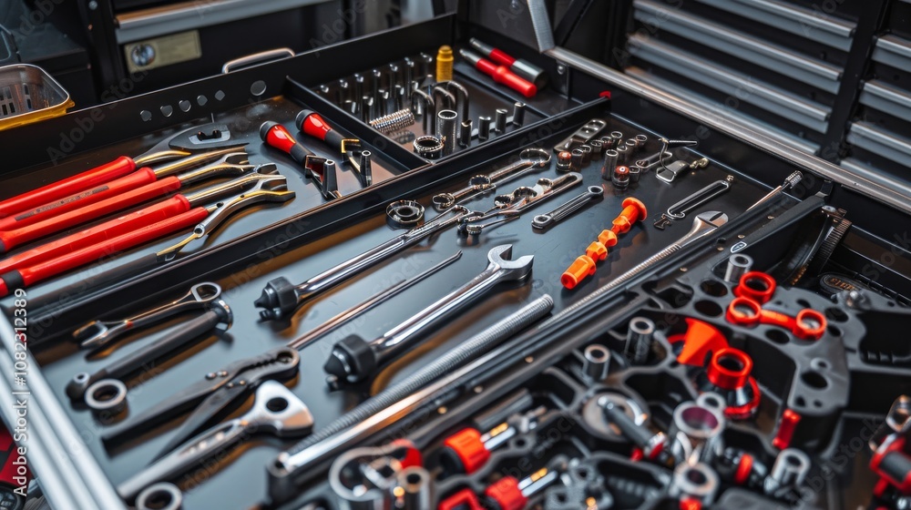 Poster A dynamic automotive workshop with tools and car parts, Engine components neatly displayed, Mechanical expertise style