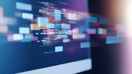 Bright, colorful blocks and data patterns flow across a computer screen, illustrating complex data processing and digital technology concepts at night