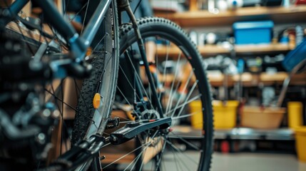 A dynamic bike repair shop with bicycle tools and repair stands, Mechanics servicing bicycles in a workshop, Cycling maintenance style