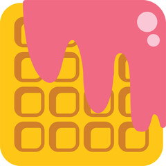 Square waffle is depicted with pink icing or glaze dripping down, evoking a sense of sweetness and indulgence
