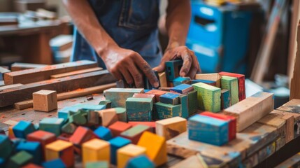 A dynamic block-building session in a well-equipped workshop, Colorful blocks arranged in intricate patterns, Contemporary artistic style