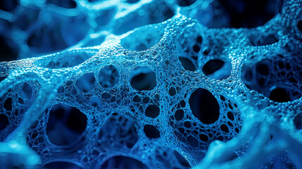 Ultra-realistic close-up of bio-printed bone tissue, sharp focus on cellular scaffolds, glowing blue lab lighting 