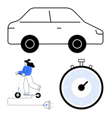 Naklejka premium Car outline person riding electric scooter, stopwatch, electric plug symbol. Themes urban transport, time management, eco-friendly commuting, sustainable mobility, modern travel, efficiency