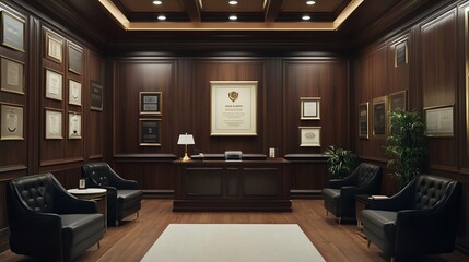 A luxurious office with dark wood paneling, a large desk, two leather armchairs, and framed awards on the wall.