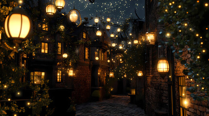 Naklejka premium Steampunk scene. night in the ancient city. lanterns illuminating old brick buildings. beautiful night cityscape. photorealistic 3d illustration. Steampunk. Illustration