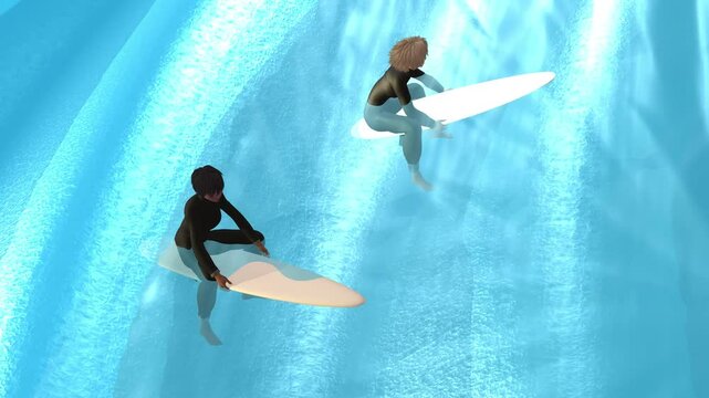 3d animation, two cartoon characters or surfers waiting on her surf board the wave or the surf