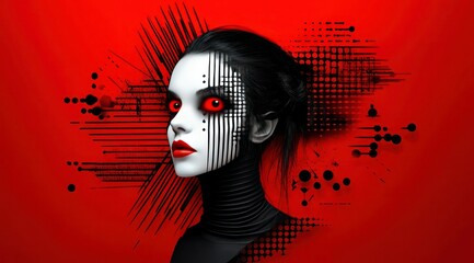 Hyperrealistic Sci-Fi Woman with Bold Graphic Illustrations on Red Background