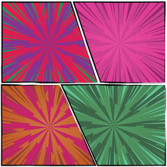 Colorful comic scene background template featuring four scenes with halftone rays and radial effects in various colors, designed in a vibrant pop-art style. Cartoon comics background with speed lines.