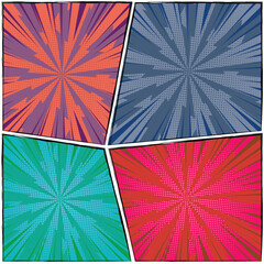 Colorful comic scene background template featuring four scenes with halftone rays and radial effects in various colors, designed in a vibrant pop-art style. Cartoon comics background with speed lines.