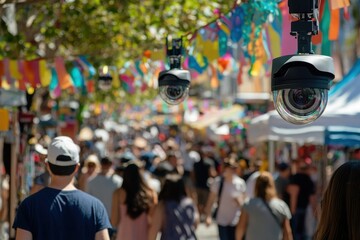 Obraz premium Crowded street market with surveillance cameras overhead