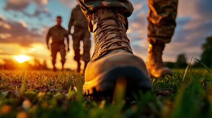 Closeup of a Soldier's Boots with a Setting Sun in the Background