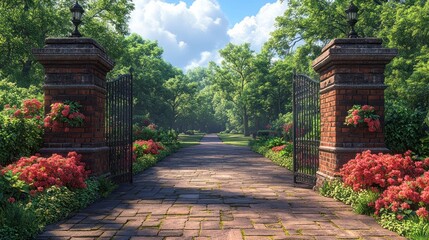 Obraz premium A serene garden pathway framed by ornate brick gates and flowers.