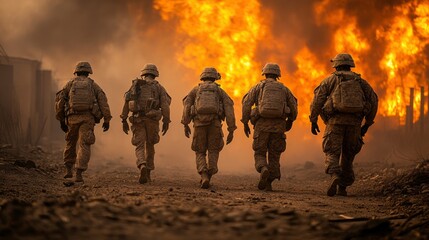 Soldiers Walking Through Fire and Smoke