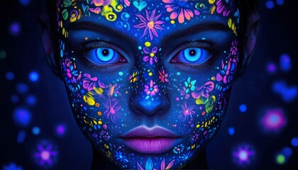 Mesmerizing Black Light Painting of Intricate Floral Face on Blue Background