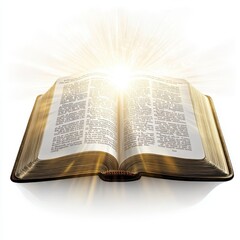 Fototapeta premium Spiritual symbol with Bible, light radiating from scripture, uplifting design, isolated on white background