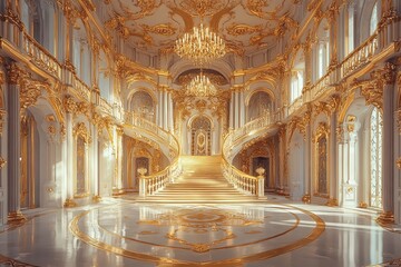 Fototapeta premium Fantasy palace interior with golden decor and castle-like features. Generative AI with generative ai