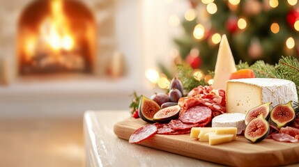 Christmas dinner indulgence concept, A festive cheese and charcuterie board with fruits, set against a cozy fireplace and Christmas tree ambiance.