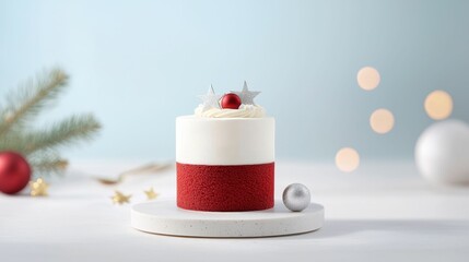 Christmas dinner indulgence concept, A festive cake topped with cream, a cherry, and silver decorations, set against a soft blue background, evoking a cheerful holiday ambiance.