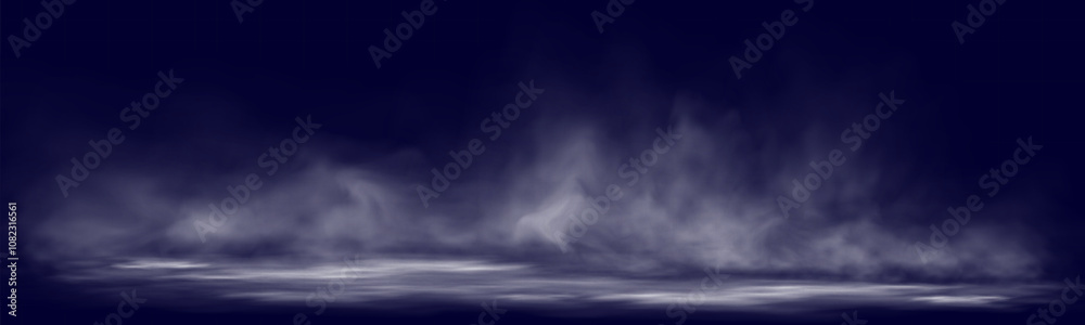 Poster Smoke on dark atmospheric background with low fog drifting across ground soft gradients .