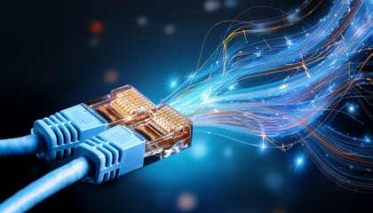 暗号化されたデータがネットワークケーブルを通り、複雑なコードが絡む様子が示されるセキュリティシステムのビジュアル。
