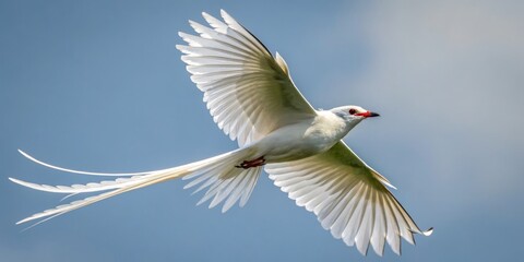 Obraz premium Majestic White Bird Gliding Through Clear Blue Sky - A Stunning Display of Nature's Beauty and Grace