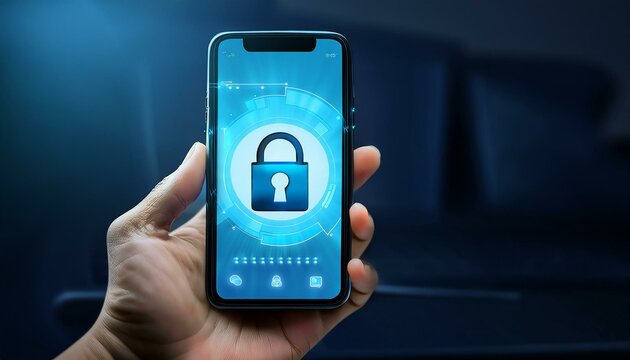 スマートフォンの画面にロックされたデータファイルが映し出され、鍵アイコンで守られたセキュリティシステムを表現。
