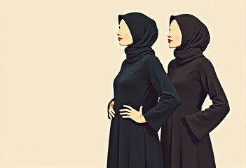 Two women in hijabs standing in profile with long flowing black dresses against beige background.